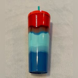 STARBUCKS TUMBLER 24oz Venti Wave Drip Ombre Red Orange Blue Grey tie dye
